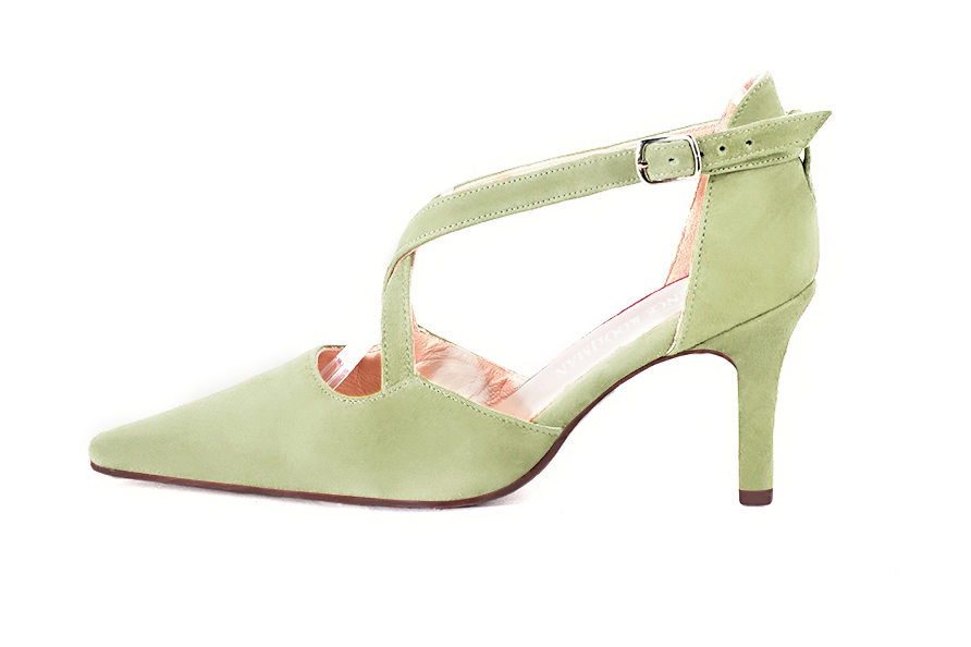 Meadow green open side elegant shoes, with crossed straps. Tapered toe. High slim heel. - Florence KOOIJMAN